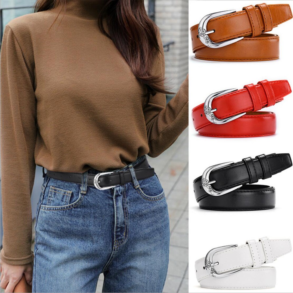 Fashion Women's Belt Engraved Metal Buckle Design Leather Belts Good For Jeans