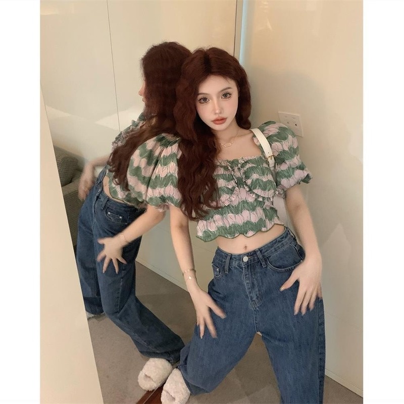 Áo Kiểu Tay Phồng Ngắn Dáng Ôm Thời Trang Mùa Hè Retro Mới Cho Nữ