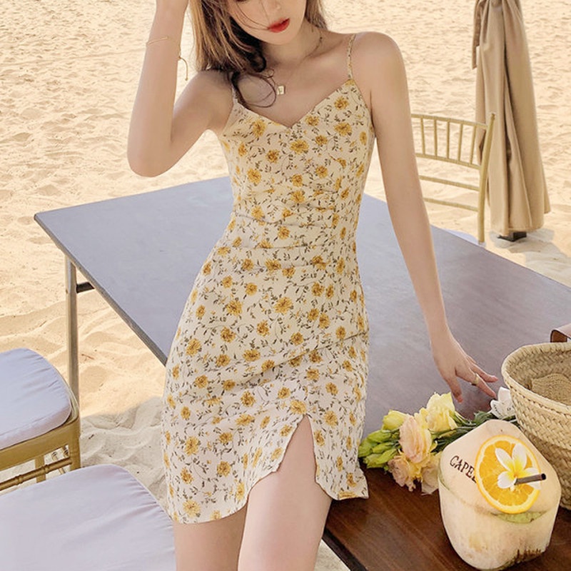 Váy Đầm Nữ Hai Dây Hoa Nhí Dáng Ngắn Xẻ Tà Mùa Hè Cổ V Vải Cotton Vintage Tiểu Thư Mùa Hè Xuân Thu Đi Học Chơi Làm Biển