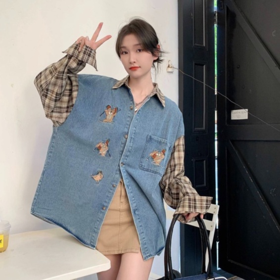 ZHELIHANGFEI Áo Khoác Sơ Mi Denim Tay Dài Dáng Rộng Kẻ Sọc Kiểu Retro Cá Tính