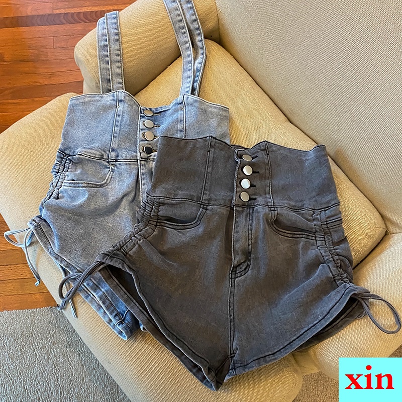 Quần Yếm Denim Ngắn Ống Rộng Lưng Cao Co Giãn Thời Trang Mùa Hè Hàng Mới Dành Cho Bạn Nữ 2022