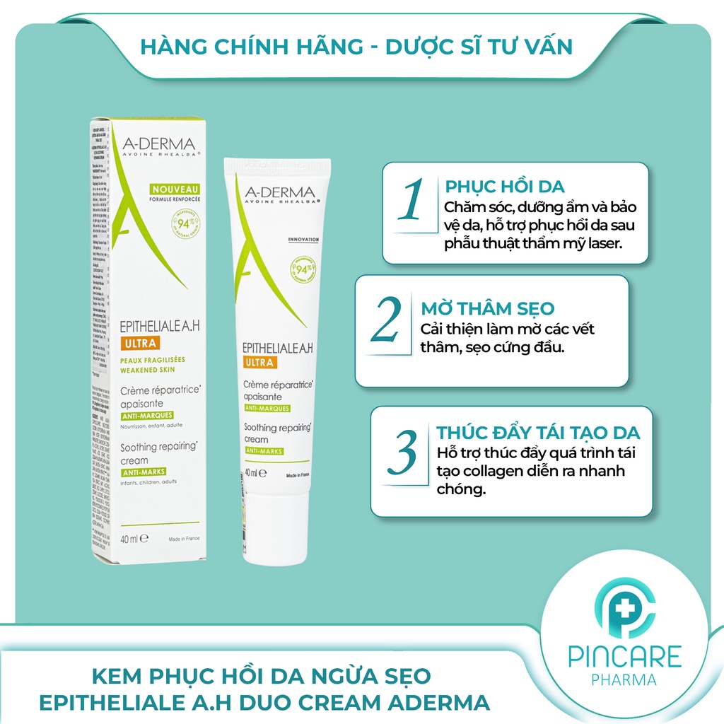 Kem phục hồi da Epitheliale A.H DUO Cream Aderma 40ml giúp ngừa sẹo - Hàng chính hãng - Nhà thuốc PinCare
