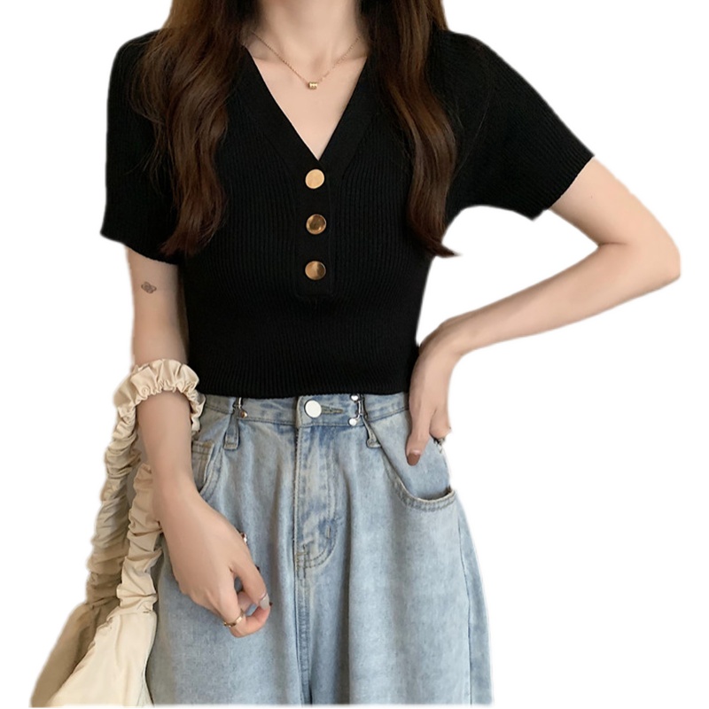 Áo thun dệt kim ngắn tay cổ V thời trang trẻ trung dành cho nữ