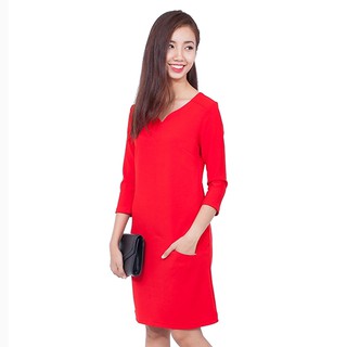 Đầm suông tay lửng phối túi - đỏ