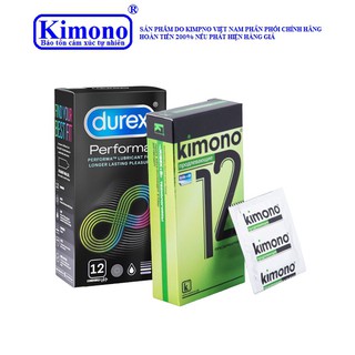 Bộ 2 hộp bao cao su durex performa 12 bao + bao cao su kimono 0.03 kéo dài thời gian quan hệ 12 bao