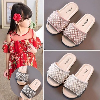 [Le Foot] Giày Sandal Đế Phẳng Đính Đá Ngọc Trai Giả 13.5-18cm Thời Trang Xuân Hè Đi Biển Cho Bé Gái