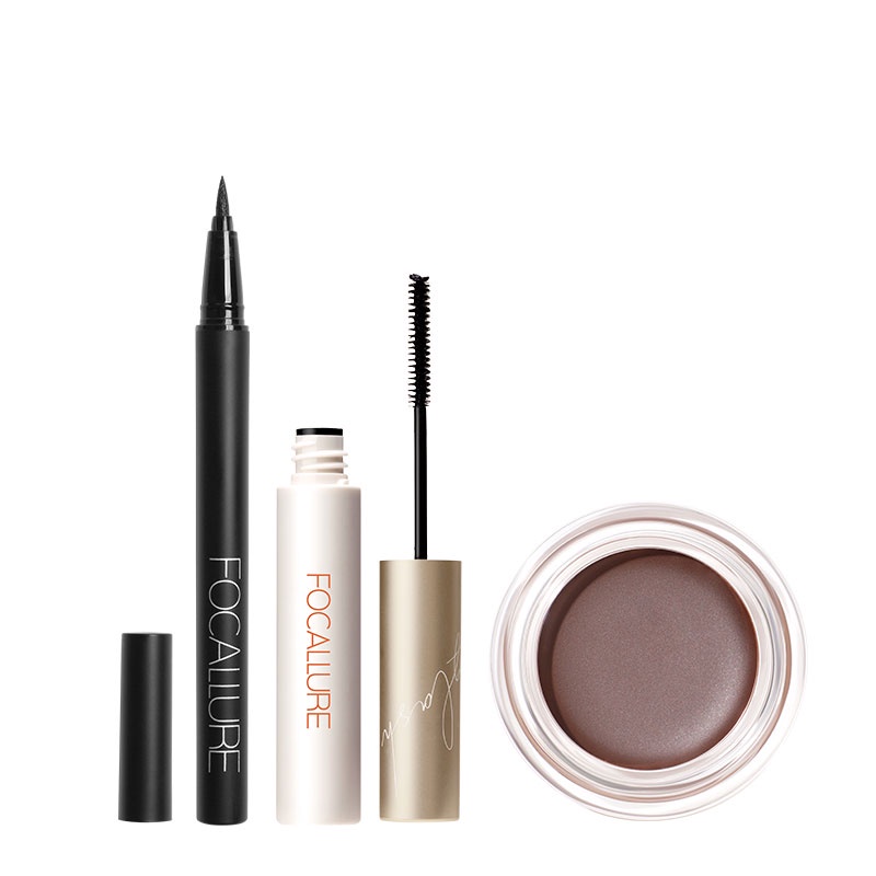 Set Mascara + bút kẻ mắt + gel lông mày FOCALLURE màu đen trang điểm chống nước 70g/3pcs