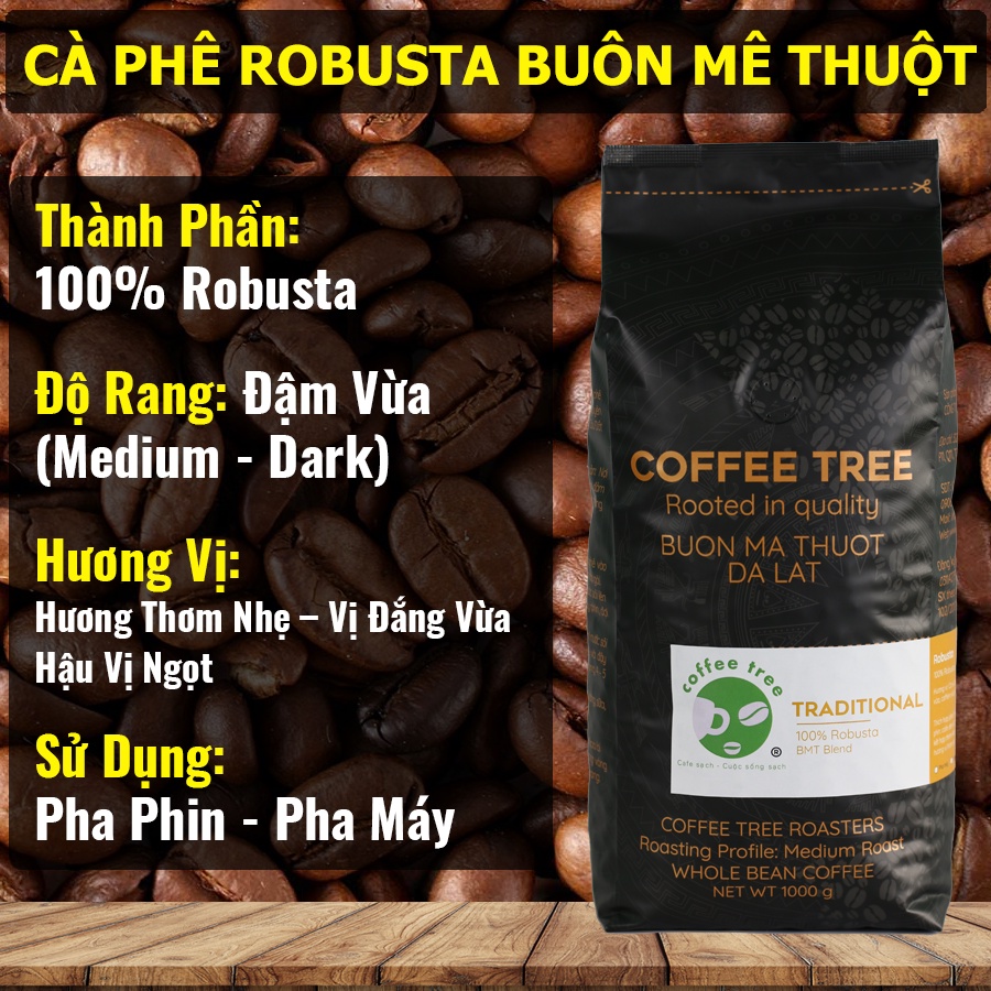 Cà Phê Hạt Robusta Buôn Mê Thuột Nguyên Chất 100% - CoffeeTree - 1Kg - Hương Thơm Nhẹ - Vị Đắng Vừa - Hậu Vị Ngọt