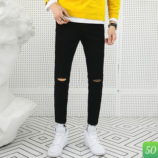 Quần jean nam màu đen đậm trơn rách gối chất bò cao cấp co dãn 4 chiều, quần rin nam đẹp DP38 mẫu mới