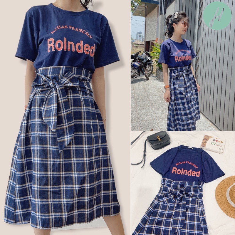 Set Đồ Nữ Cá Tính Áo Thun nữ Tay Ngắn + Chân Váy kẻ caro Chữ A Dáng Dài Thắt Nơ Eo