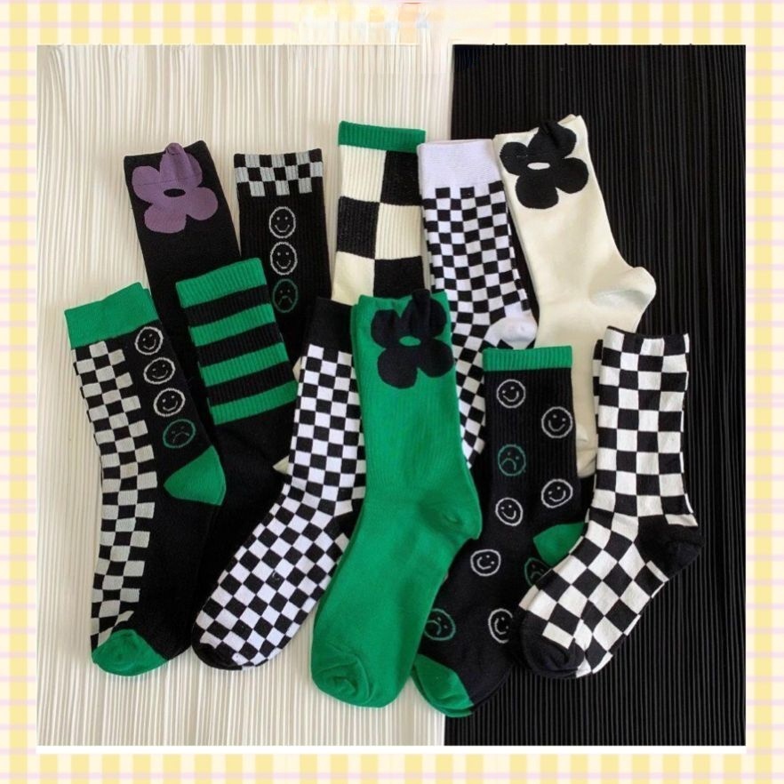 Vớ cotton Cổ Cao Kẻ Sọc Caro/smiling Cổ Cao Thời Trang Phong Cách Nhật Bản Cho Nữ