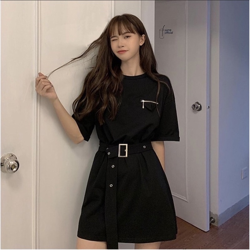 Áo thun tay ngắn nữ oversize dài giấu quần suông trơn túi zipper phối dây buộc eo - Order taobao quảng châu