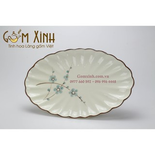 Đĩa bầu dục múi men kem hoa đào vẽ tay_Đĩa sứ bộ đồ ăn Bát Tràng