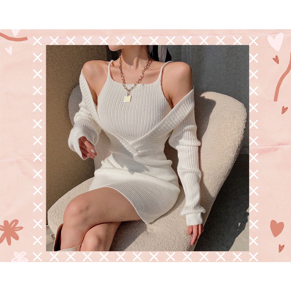 Váy len body dài tay +áo hai dây bên trong