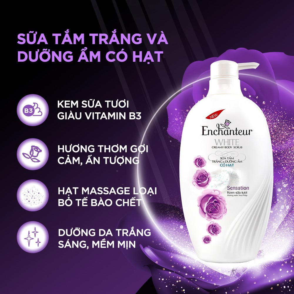 [Deal độc quyền] Sữa tắm trắng và dưỡng ẩm có hạt Enchanteur Sensation 650g + Tặng Dầu gội Sensation 150g