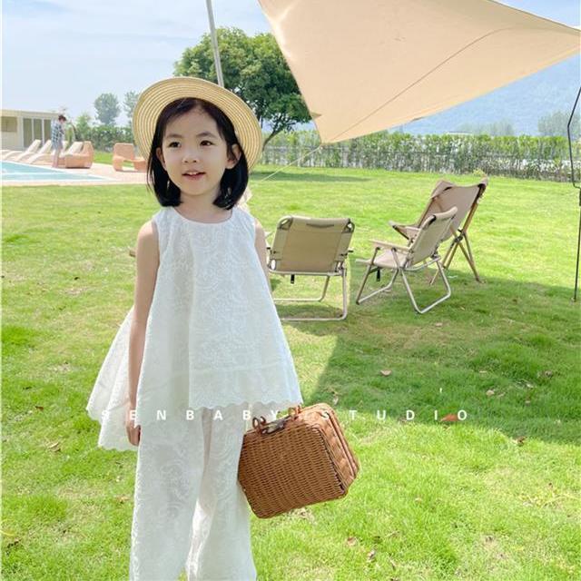 Set Đồ Mùa Hè 5 Món Gồm Áo Không Tay Thêu Họa Tiết Phong Cách Phương Tây + Quần Ống Rộng Cho Bé Gái