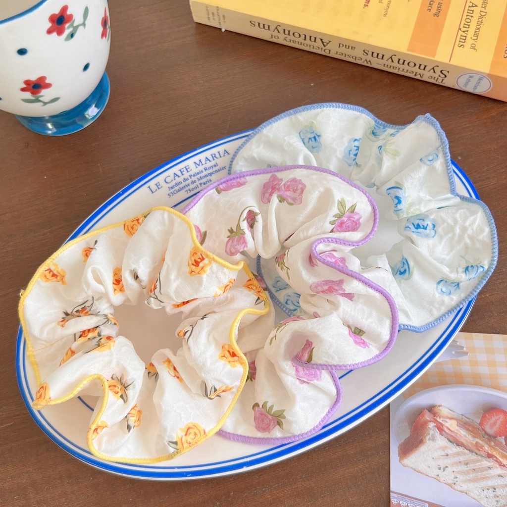 Dây cột tóc vải scrunchies hoa có viền phong cách Hàn Quốc siêu xinh DCV