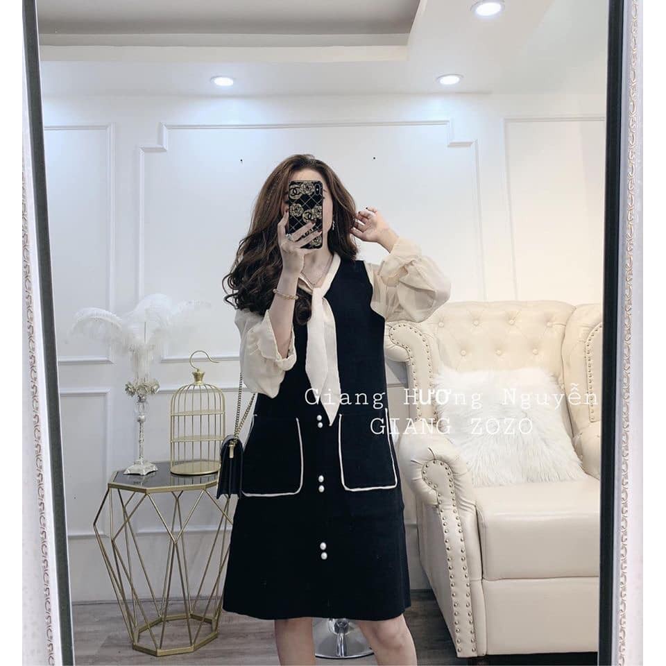 váy giả yếm cổ nơ phối tay