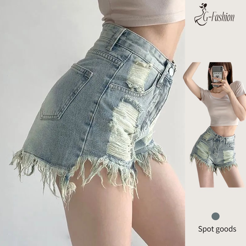 Quần Short Denim rách Sờn Mỏng Mùa Hè Phong Cách Đường Phố Mỹ Quần Đùi Jean Nữ