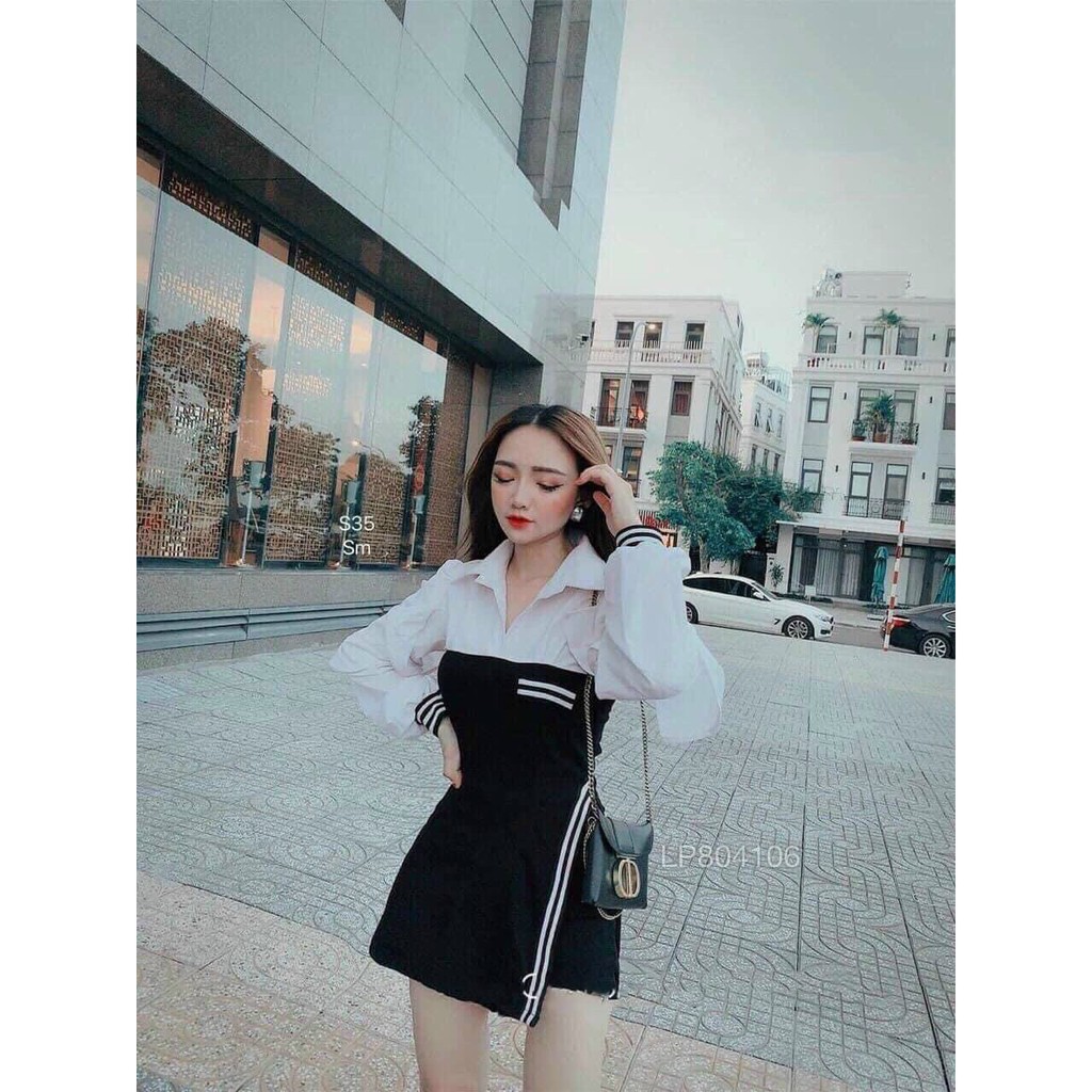 Set Váy đầm Nữ thời trang dạo phố, công sở body, form chuẩn dáng, cổ chữ V, Tay dài phồng sọc, xẻ nách, phối với quần | BigBuy360 - bigbuy360.vn