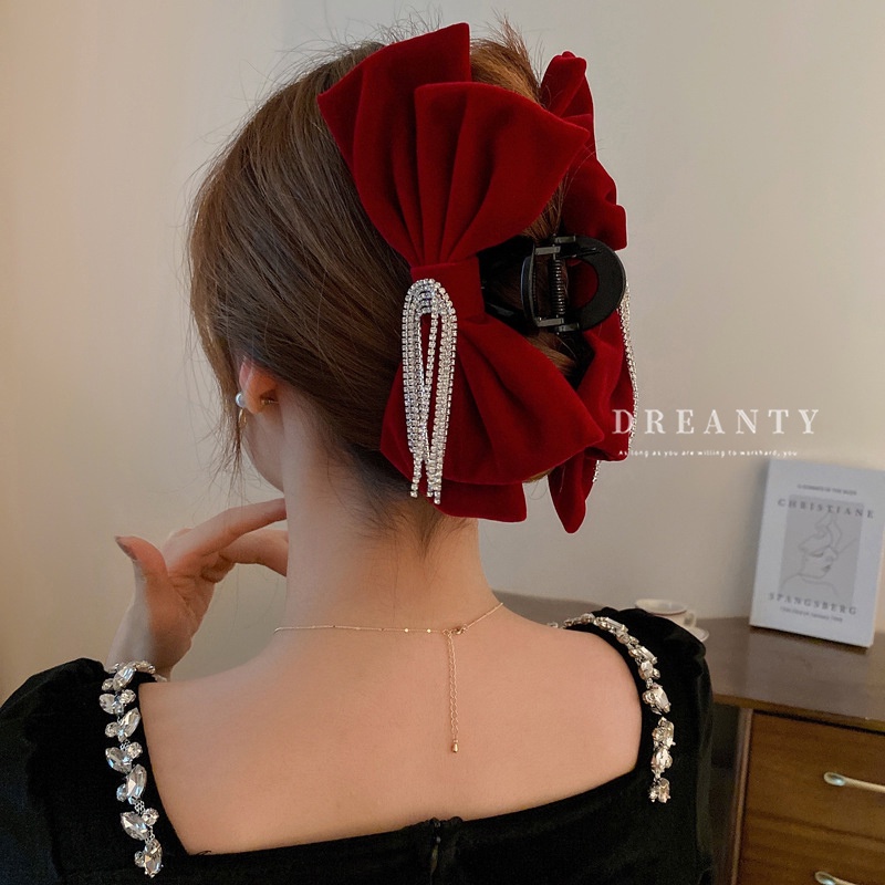 Kẹp Tóc Hình Nơ Đính Đá Phối Tua Rua Phong Cách Retro Thời Trang Cho Nữ