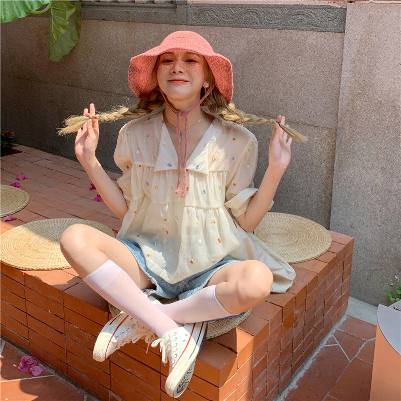 Áo kiểu tay ngắn cổ tròn thời trang Hàn Quốc