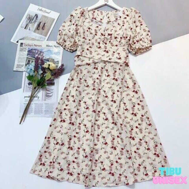 Đầm hoa nhí vintage cổ cúc body tay phồng ulzzang thắt eo tiểu thư