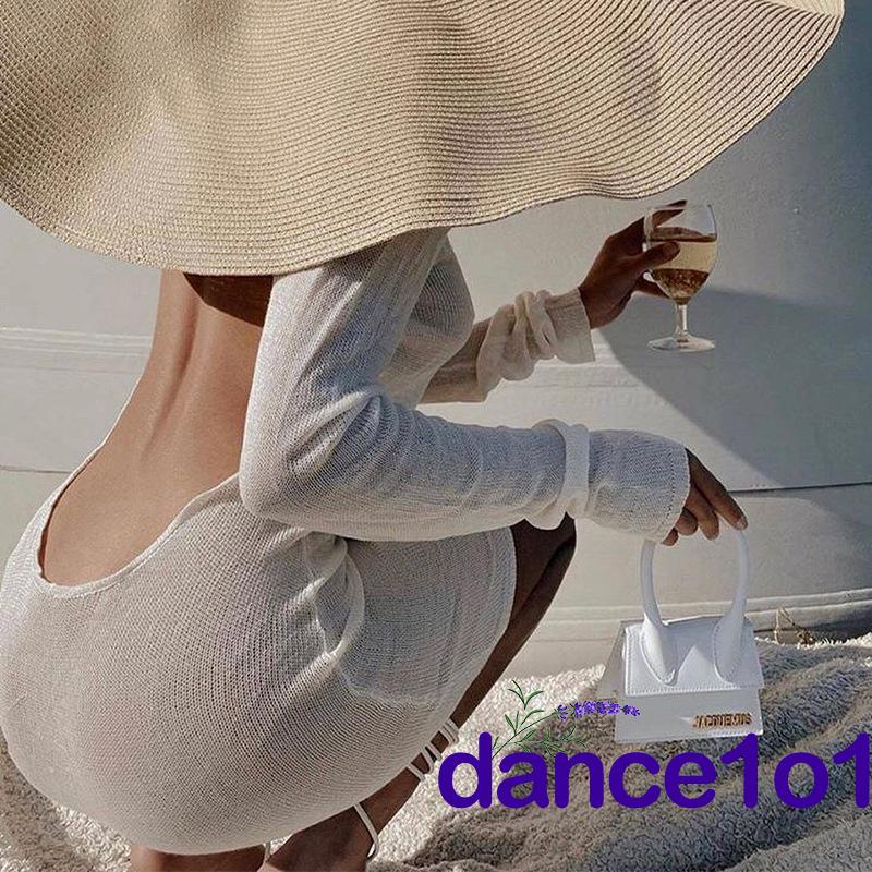 Đầm Khiêu Vũ1O1-Đầm Hở Lưng Cổ Thuyền Tay Dài Dệt Kim Cho Nữ