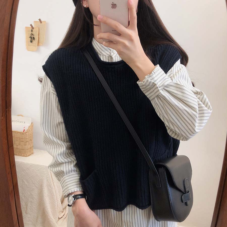 Đầm tay dài/ Áo không tay 31650 dệt kim cổ tròn