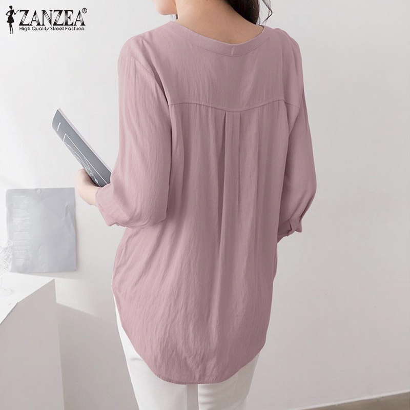 ZANZEA Áo Nữ Tay 3 / 4 Cổ Tròn Màu Trơn Phong Cách Vintage Thời Trang