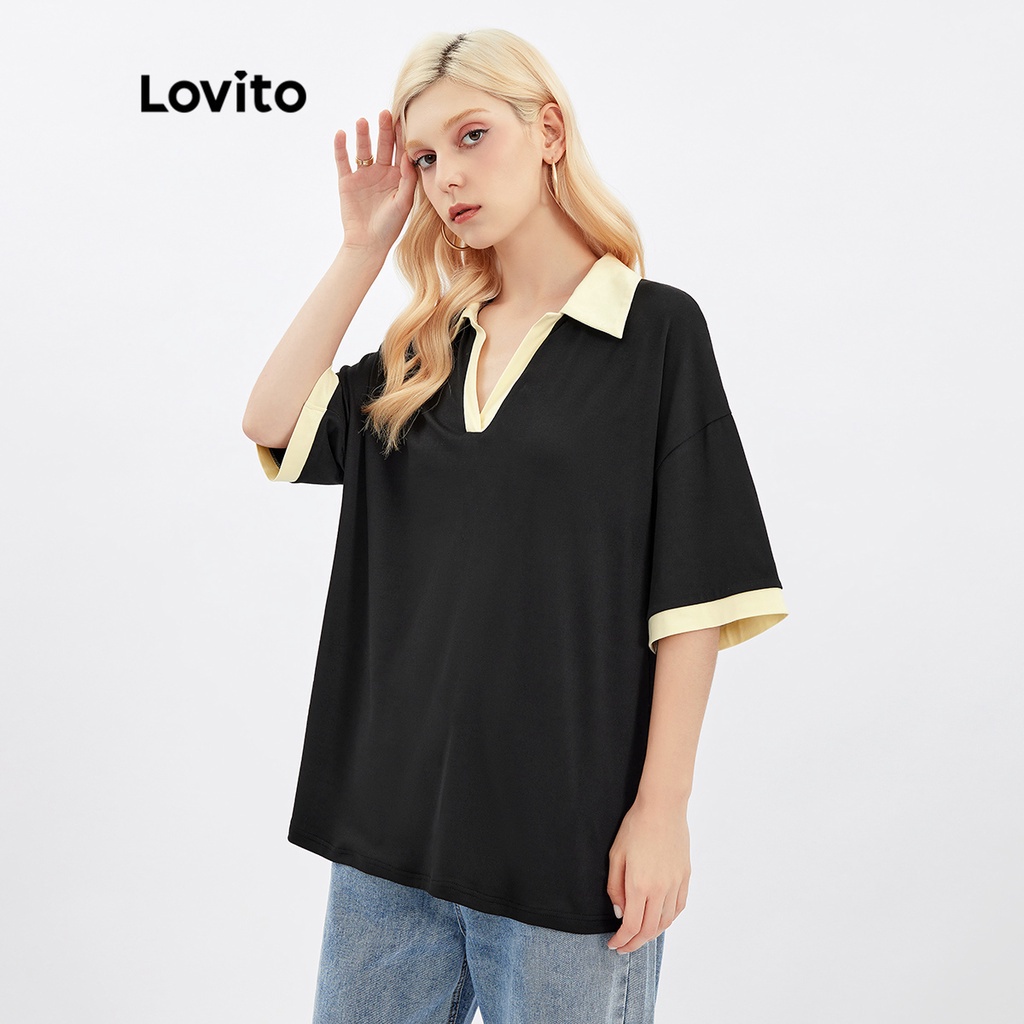 Áo thun Lovito oversize ghép nối màu sắc cổ V Polo màu trơn L30AD007 (màu đen)