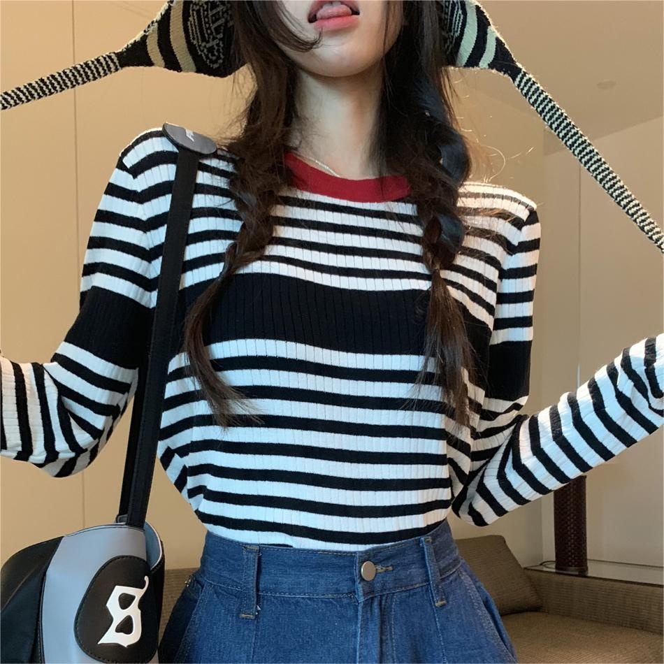 Áo ZHELIHANGFEI dệt kim tay dài họa tiết sọc thời trang phong cách