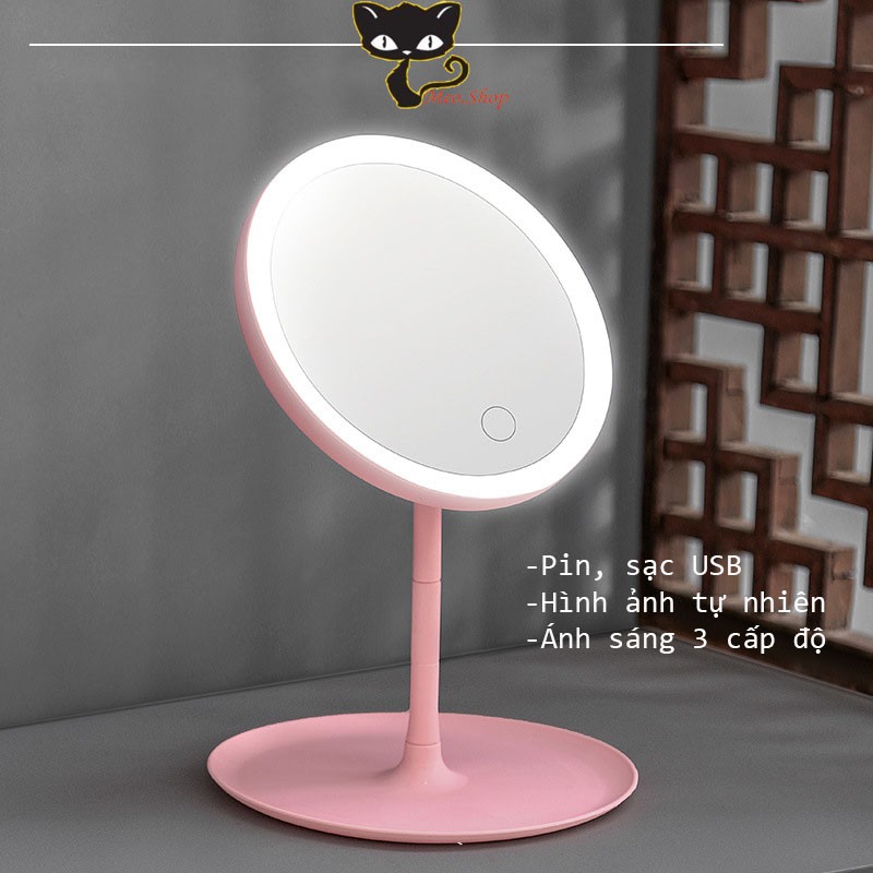 Gương trang điểm để bàn đèn LED cao cấp, Gương trang điểm 3 chế độ ánh sáng, Cáp sạc USB, Màn hình cảm ứng