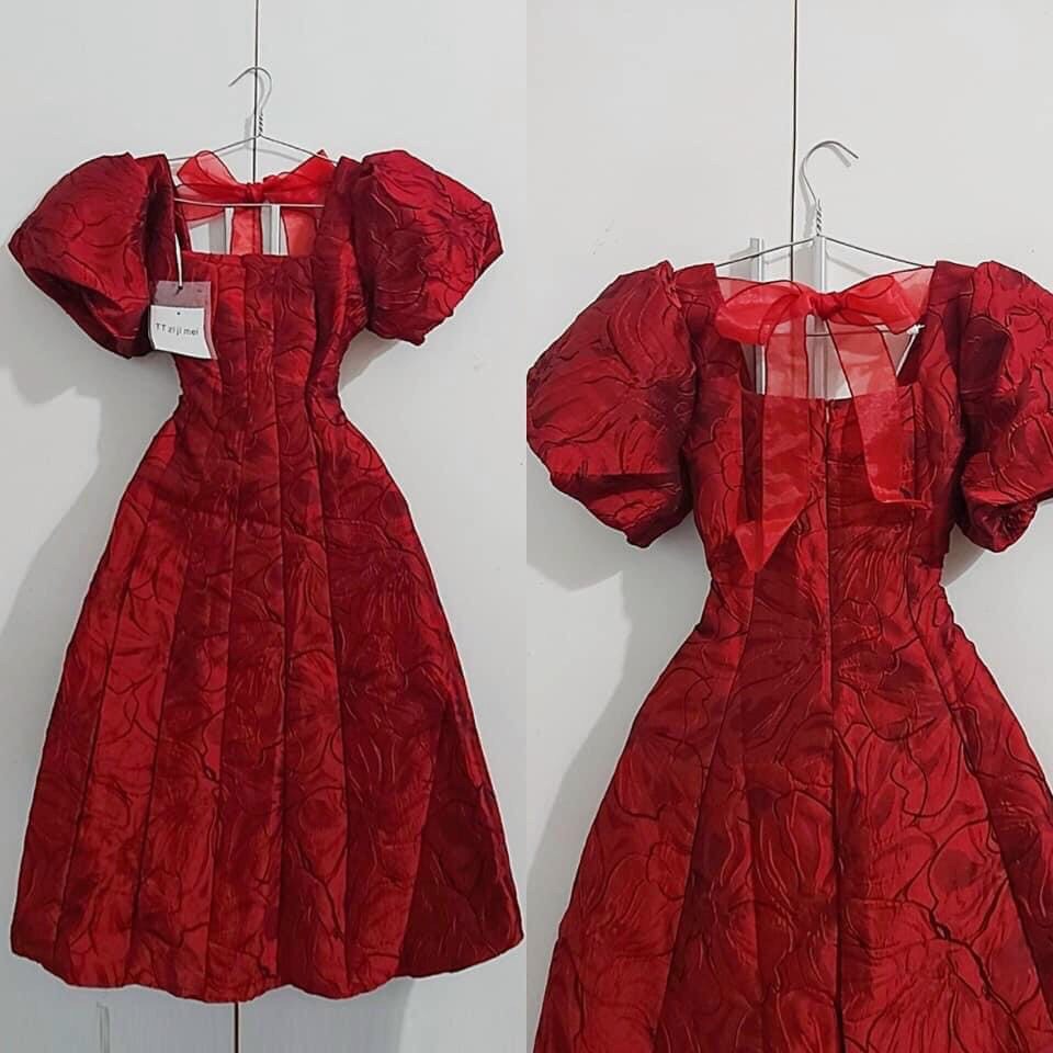 Đầm Gấm Đỏ ⚡️FREESHIP⚡️ Cổ Vuông Dáng Xòe Nơ Lưng