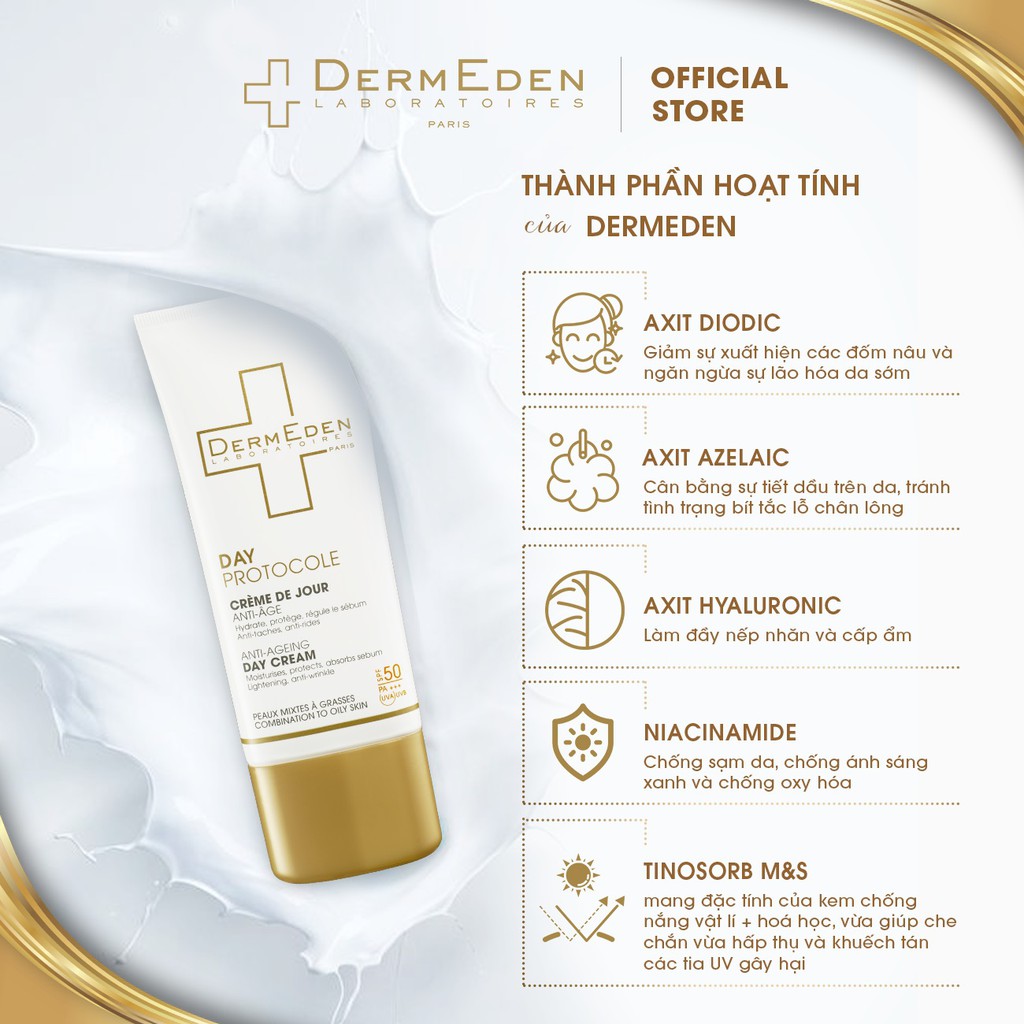 Kem dưỡng da ban ngày cho da dầu DERMEDEN 3 trong 1 chống lão hóa, dưỡng ẩm và chống nắng SPF50 PA+++ 50ML