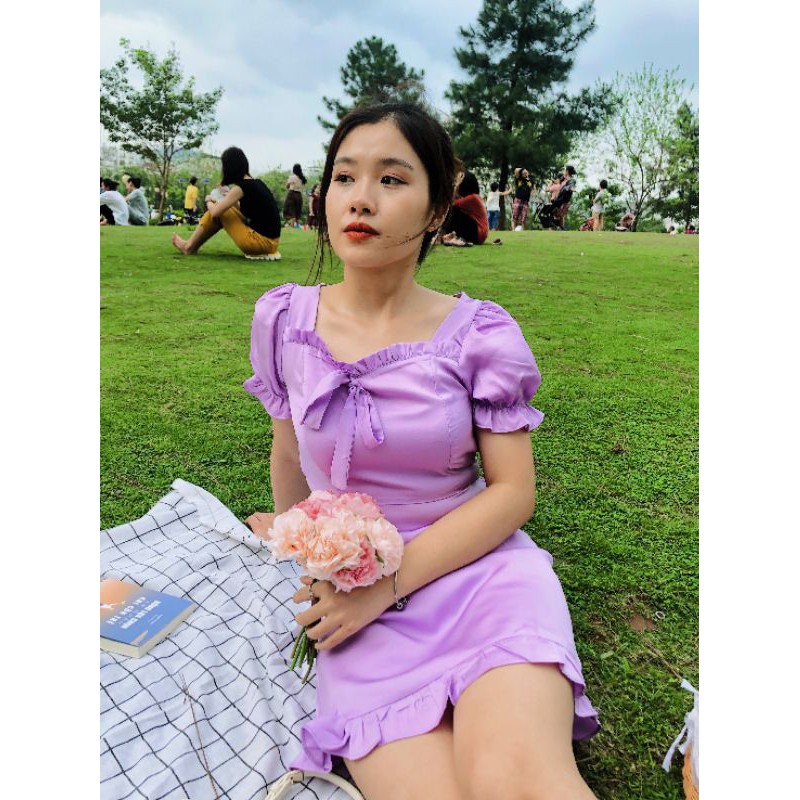 Váy nữ cổ vuông ôm ngực cổ thắt nơ, dáng váy ôm chữ A ngắn tay điểm nhấn viền thắt nơ nổi bật-VN05 | BigBuy360 - bigbuy360.vn