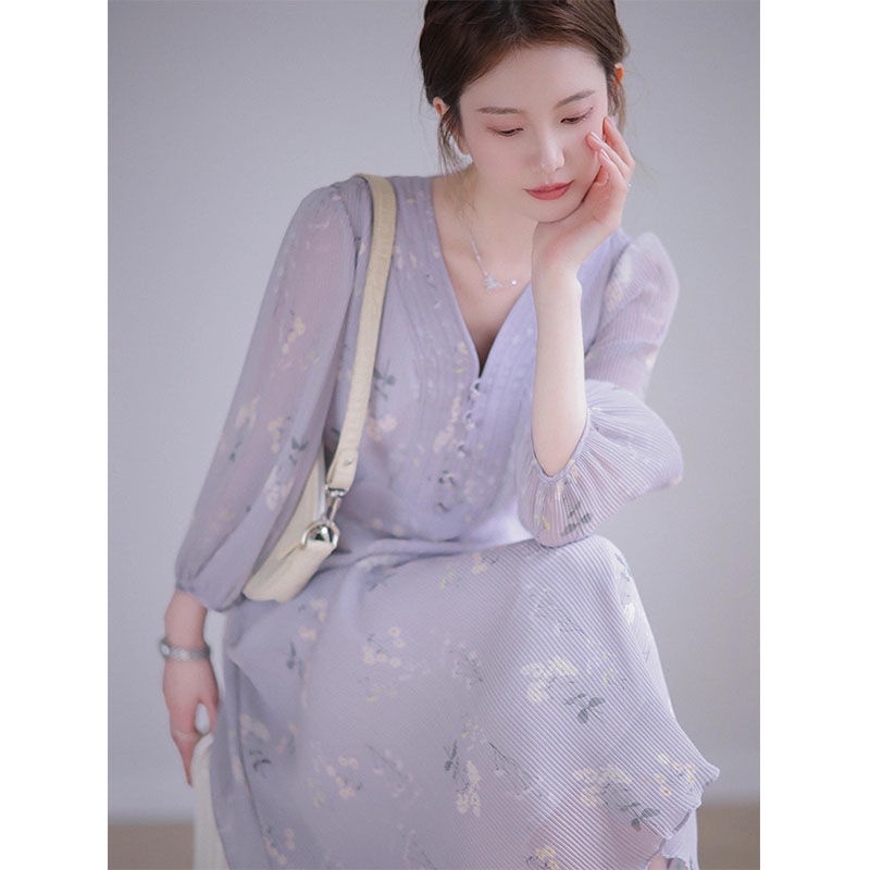 Đầm Voan Hoa Tím Cổ Tim Xinh Xắn Cho Nữ