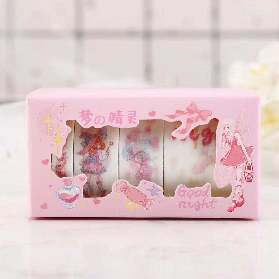 Hộp 5 cuộn băng keo washi nhiều hình hoạt hình dễ thương trang trí sổ tay nhiều chủ đề CREAMY