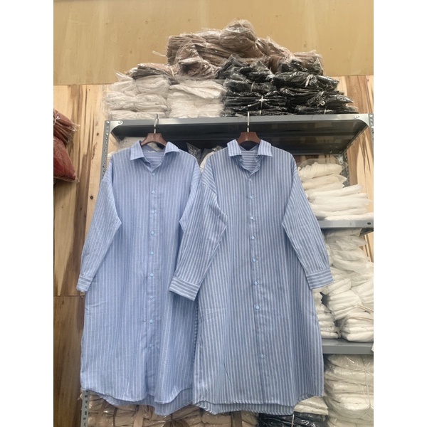 Váy sơ mi kẻ sọc dài tay dáng suông kèm đai