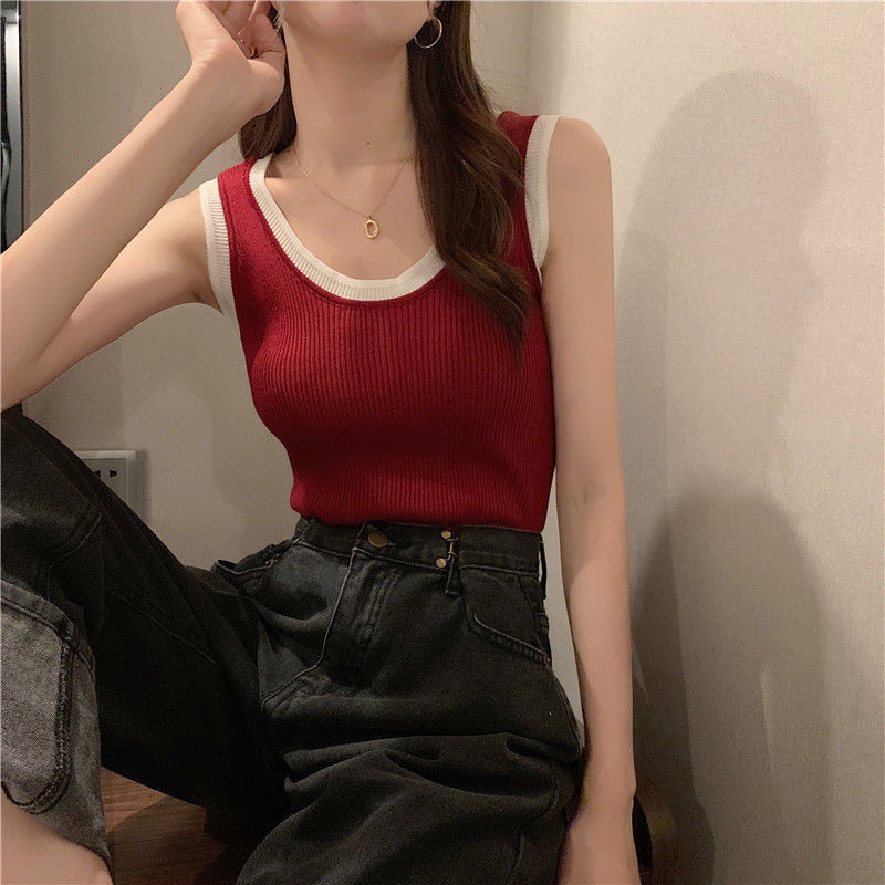 Áo Hai Dây Dệt Kim Phối Màu Tương Phản Thời Trang Mùa Hè 2022 Mới Cho Nữ