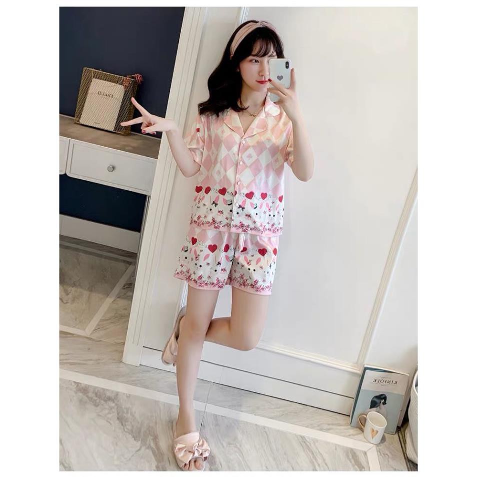 Bộ ngủ lụa pizama hoạ tiết lá bài hàng cao cấp