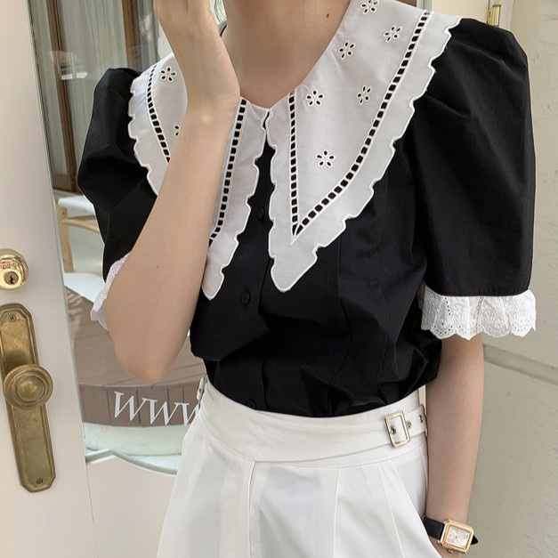 Áo kiểu Peppermint 36062 tay ngắn cổ búp bê phối màu xinh xắn dành cho nữ tùy chọn màu sắc