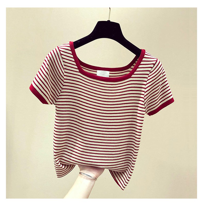 SUXI Áo Thun Dệt Kim Tay Ngắn Cổ Tròn Kẻ Sọc Trẻ Trung Hợp Thời Trang