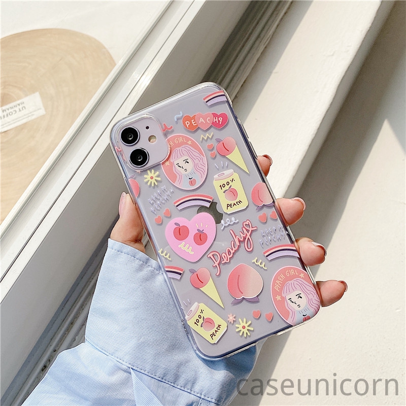 Ốp điện thoại mềm trong suốt in hình cô gái và đào hoạt hình cho iPhone 6 6s 7 8 Plus 11 12 Pro Max iPhone 12 mini XR X XS MAX | BigBuy360 - bigbuy360.vn