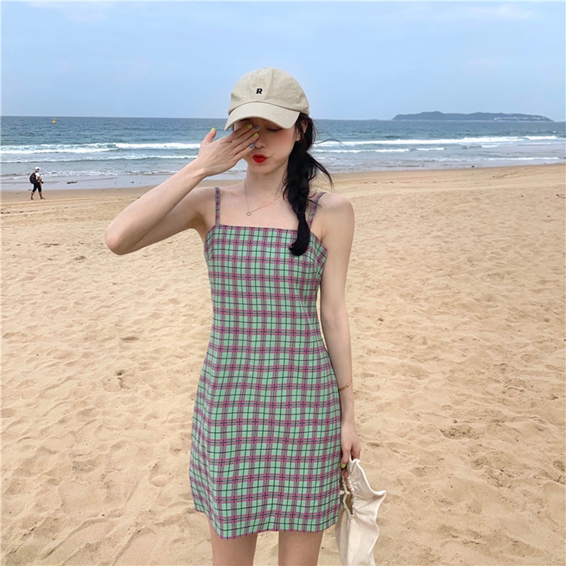 IELGY Đầm Hai Dây Không Tay Eo Cao In Họa Tiết Caro Phong Cách Hàn Quốc Cổ Điển