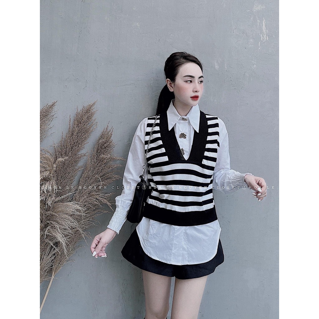 Áo Sơ Mi Nữ Dài Tay Cổ Gập Đuôi Tôm Phối Gile Len