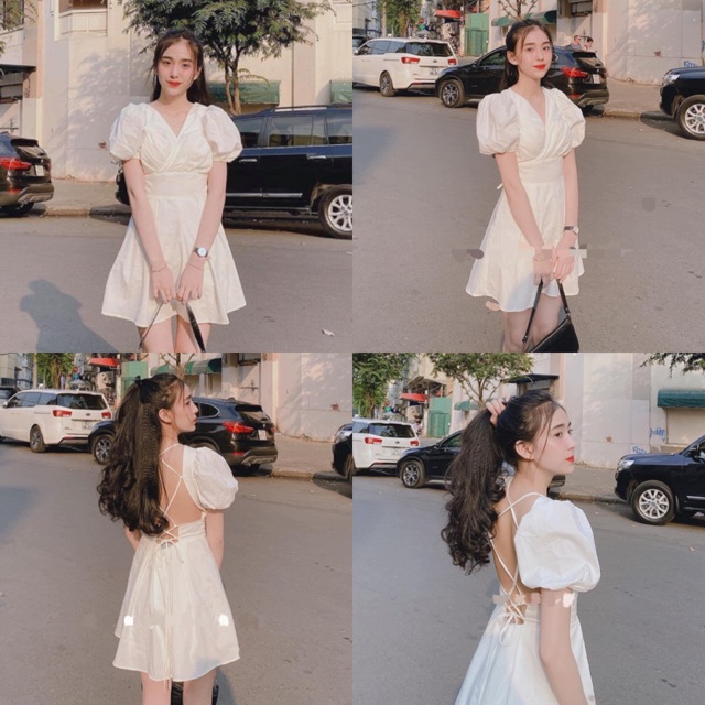 Đầm Trắng Ruen Dress váy xinh dự tiệc from chuẩn xếp li chéo trước ngực cổ V hở lưng đan dây chéo có mút ngực