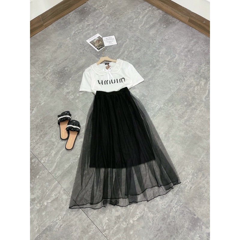 Sét áo phông cổ bèo ren nơ mix chân váy dập ly 2 lớp cực xinh luôn ạ Chất áo cotton tàu | BigBuy360 - bigbuy360.vn