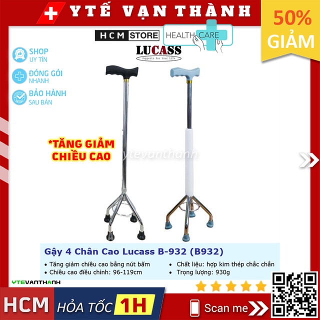 ✅ Gậy 4 Chân Cao Lucass B-932 (B932) | Có Thể Tăng Giảm Chiều Cao -VT0308
