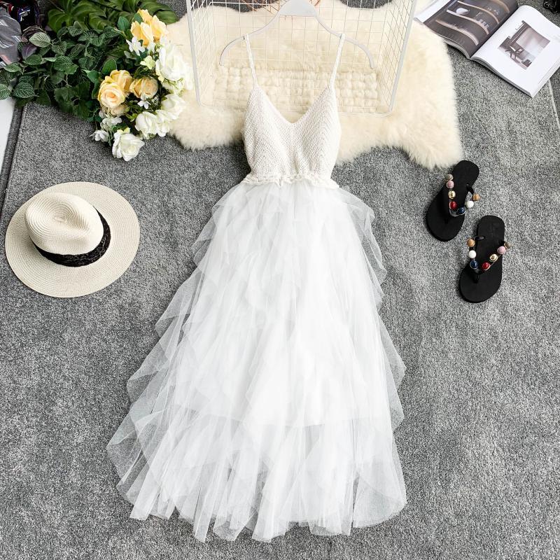 Women Strappy V-Neck Cupcake Sundress Mesh Yarn Holiday Casual Beach Party Summer Long Mixi Dresses